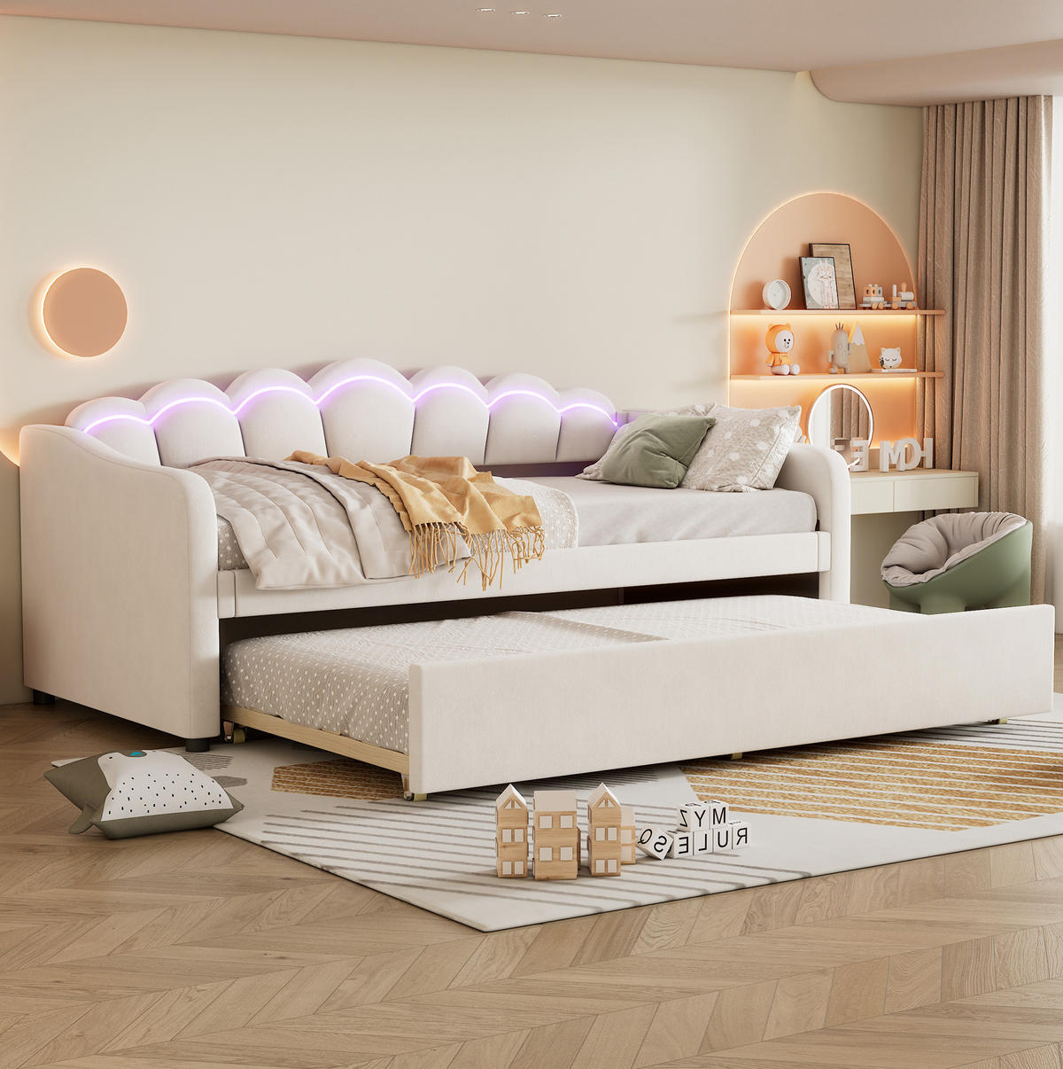 POLSTERBETT 90/200 cm aus Samt mit PolsterPolsterbett und LED-Beleuchtung, Beige - Beige, Textil (90/200cm) - Flora Grace
