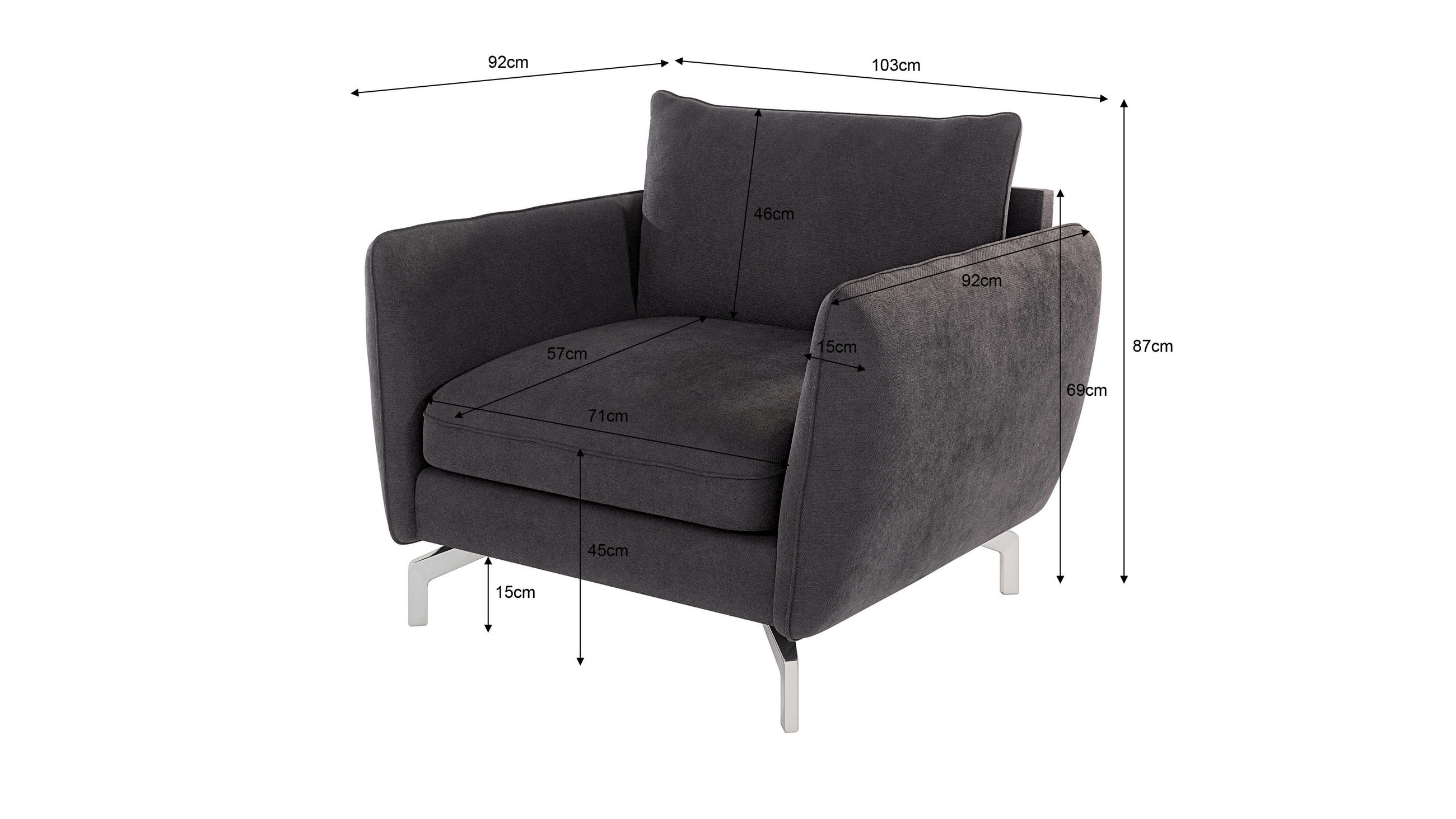 Thumbnail - S-Style Möbel Sessel, Graphit, Textil, Echtholz,Buche, Birke, 1-Sitzer, Füllung: Silikon,Schaumstoff, 103x87x92 cm, Blau...