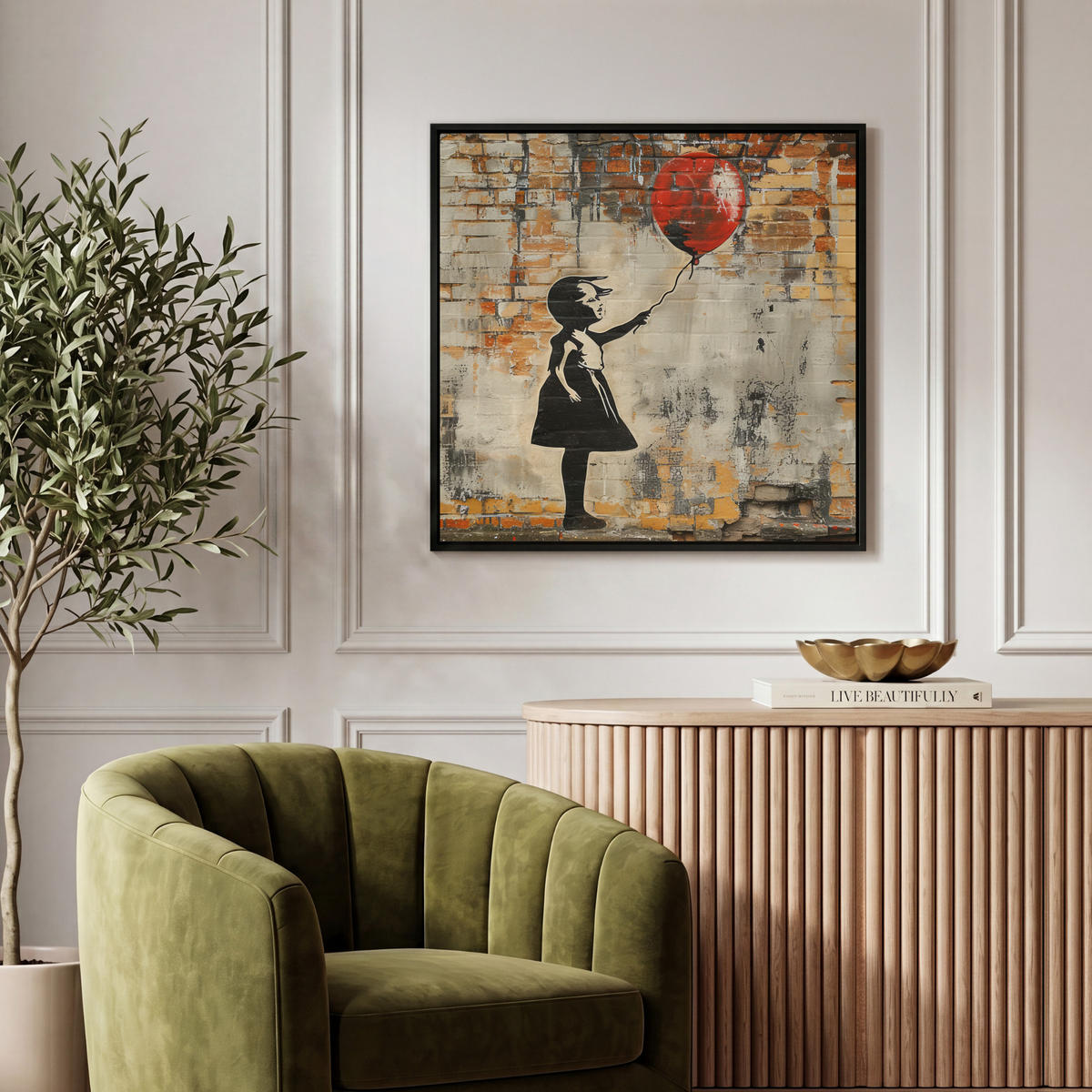 LEINWAND Bilder mit Rahmen - Graffiti - Banksy - Mädchen - Straßenkunst - 50x50 - Sandfarben, Textil (50/50cm) - MuchoWow