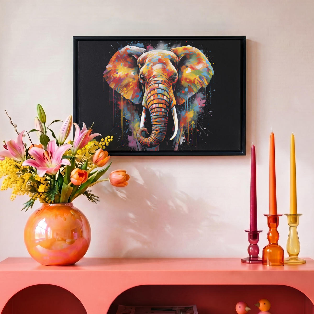 LEINWAND Bilder mit Rahmen - Elefant - Graffiti - Schwarz - Tiere - Farben - 30x20 - Schwarz, Textil (30/20cm) - MuchoWow