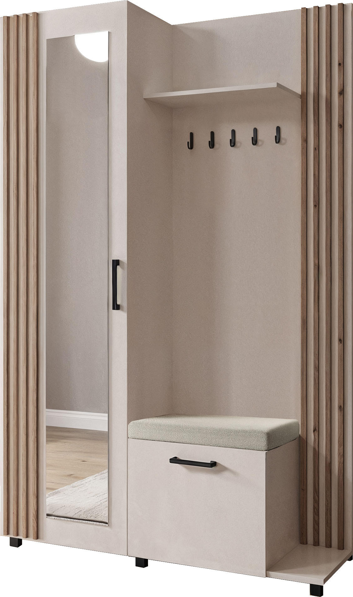 GARDEROBE Linaro mit Spiegel, Sitzbank in Lamellen-Optik 137/207/42 cm, Rechts - Kaschmir/Schwarz, Holzwerkstoff (137/207/42cm) - WFL GROUP