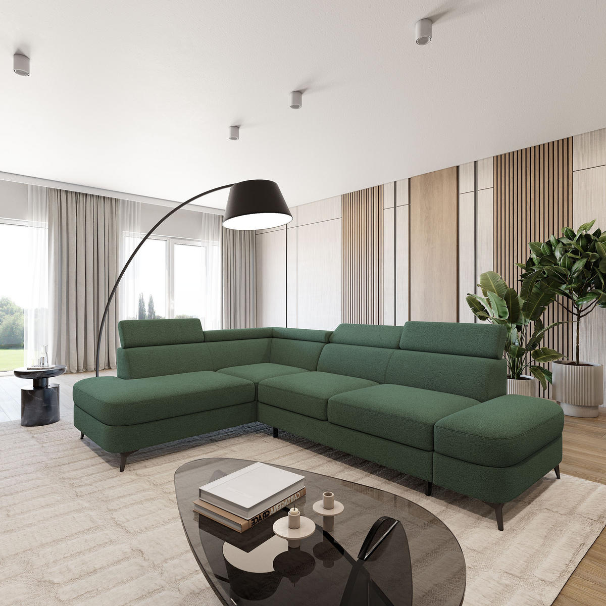 ECKSOFA AVISE Q L-S Grün Boucle-Stoff mit Schlaffunktion - Grün, Holzwerkstoff/Textil (268/195cm) - MASSENO