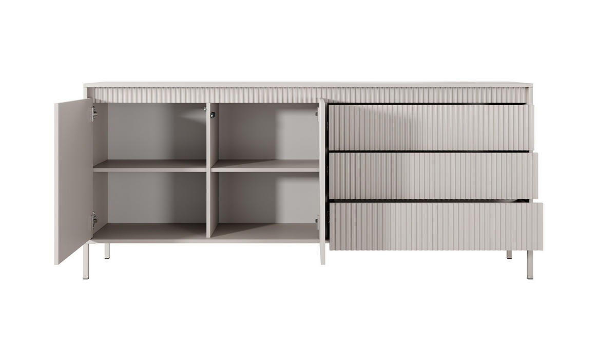 ​KOMMODE SENSO 2D3S, Geriffelte MDF-Fronten, Push-to-Open, Metallfüße, 187x81,4x39,5 cm - Beige - Beige/Creme, Holz/Holzwerkstoff (187/82/40cm) - DomoHome