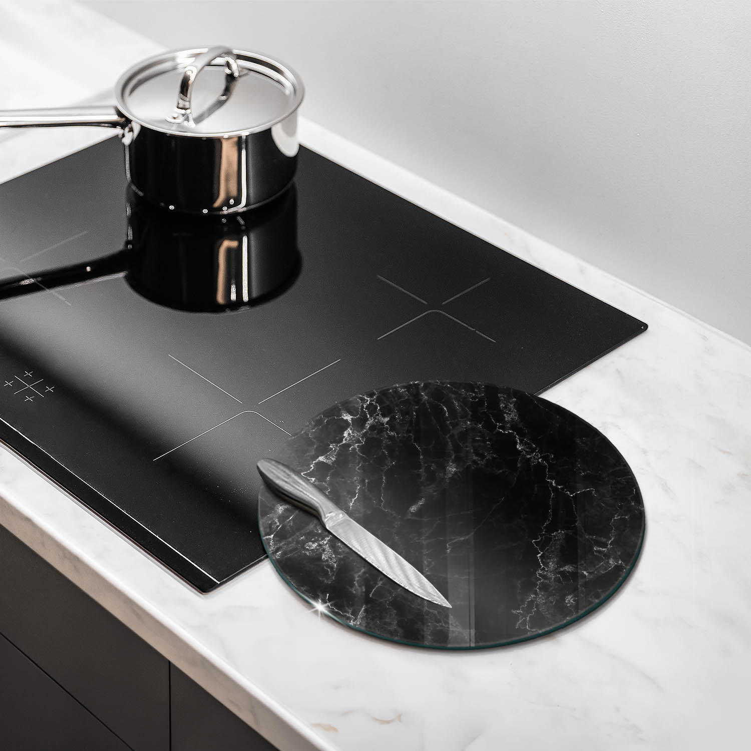 GLASPLATTE Ø 30 cm Eleganter Marmor - Schwarz Hochglanz, Glas (30/30cm) - Wallfluent