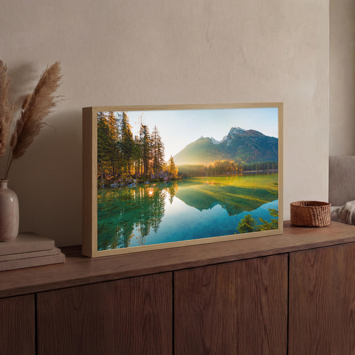 WANDLEUCHTE MIT AKKU See - Wald - Berge - Natur - Sonne - Landschaft 60x40 cm - Grün, Holzwerkstoff (60/40/8cm) - OnlyWow