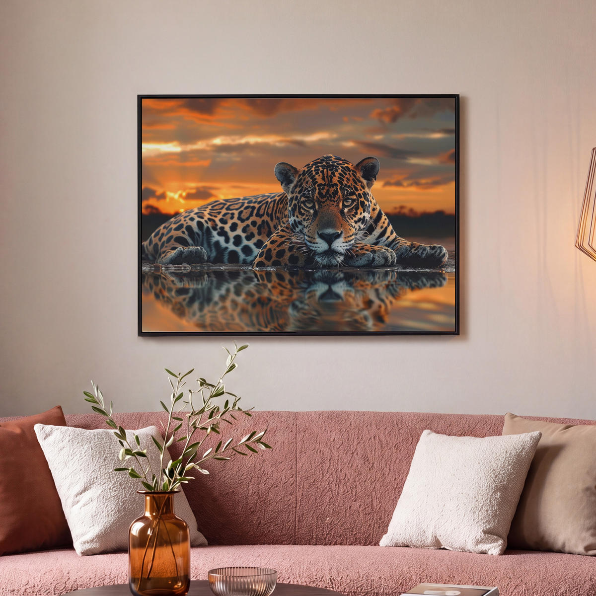 LEINWAND Bilder mit Rahmen - Natur - Leopard - Tier - Sonnenuntergang - Modern - 70x50 - Orange, Textil (70/50cm) - MuchoWow