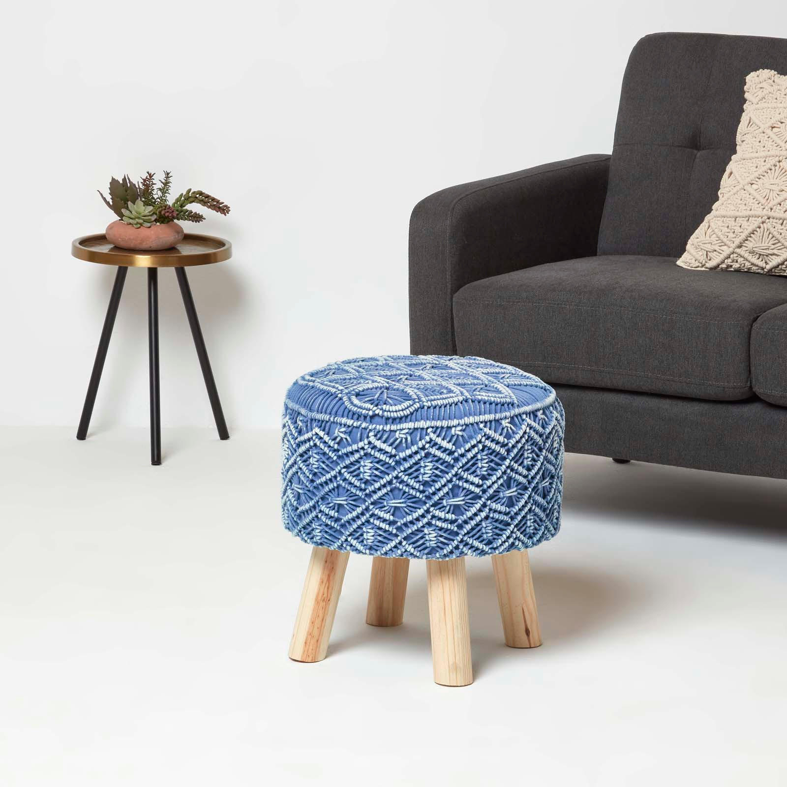 MAKRAMEE-HOCKER Willow blau, 41/41/43 cm - Blau, Textil (41/43/41cm) - Homescapes