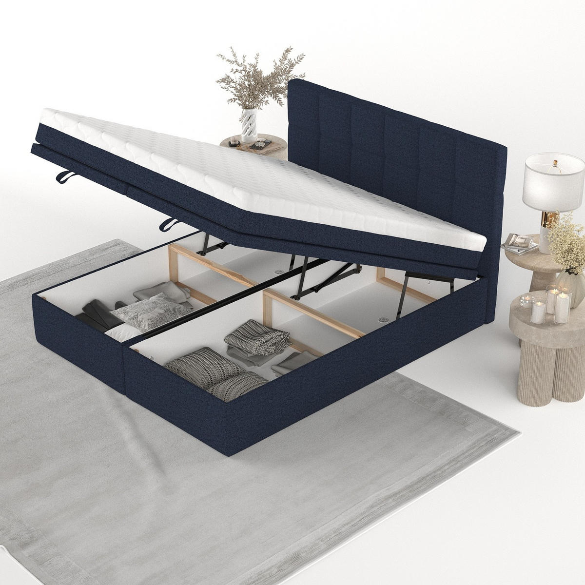 BOXBETT Elano 200/200 cm Marineblau im Riva Stoff - Schwarz/Dunkelblau, Holz/Holzwerkstoff (200/200cm) - AltaBeds