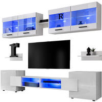 WOHNZIMMERSET Foggia, 6er-Set, Weiß, Front Hochglanz Weiß, LED Blau - Schwarz/Weiß, Glas/Holzwerkstoff (230/190/45cm) - Komodee