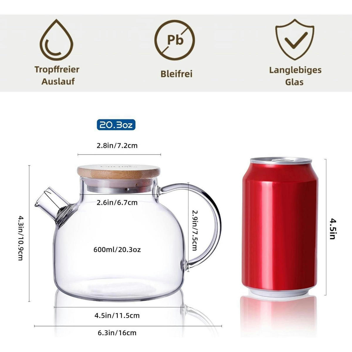 TEEKANNE Glas mit Siebeinsatz 600ml Herdplattensicher Bambusdeckel - Transparent, Glas (12.9/10.9cm)