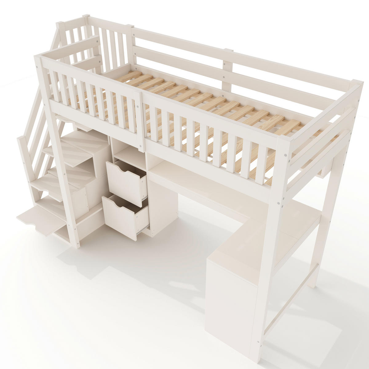 HOCHBETT 90/200 cm DE-32538 mit Treppenschrank und Eckschreibtisch Weiß - Weiß, Holz (90/200cm) - ComfortXL