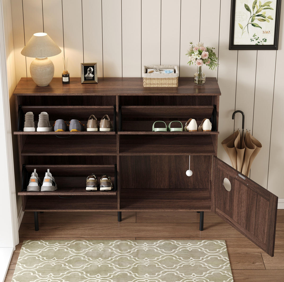 SCHUHSCHRANK 120/28/92 cm mit 4 Türen, 3 Klappen und integriertem Katzenspielzeug, Natur-Walnuss - Naturfarben, Holzwerkstoff (120/92/28cm) - Redom