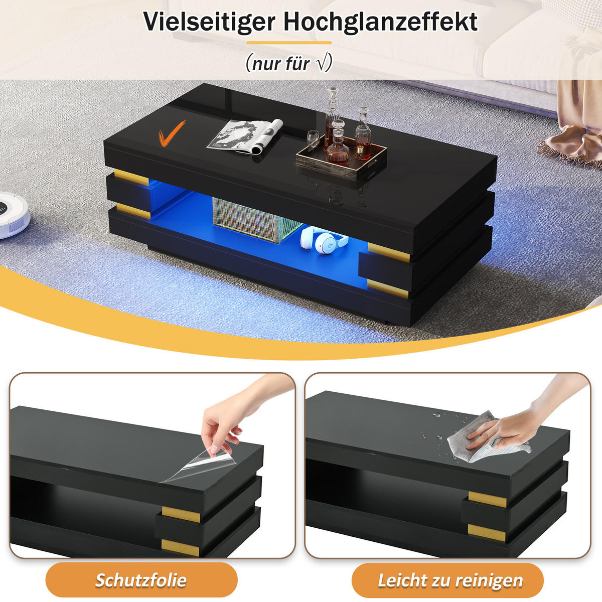 COUCHTISCH Schwarz LED 100x50x35cm mit Stauraum und Spanplatte - Schwarz, Holzwerkstoff (100/50/35cm) - FLIEKS