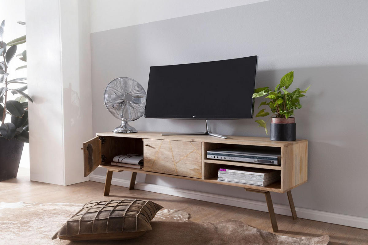 LOWBOARD Mango Massivholz Metall Landhausstil Modell Garda für Fernseher bis 55 Zoll - Goldfarben/Braun, Holz/Metall (145/47/35cm) - KADIMA DESIGN