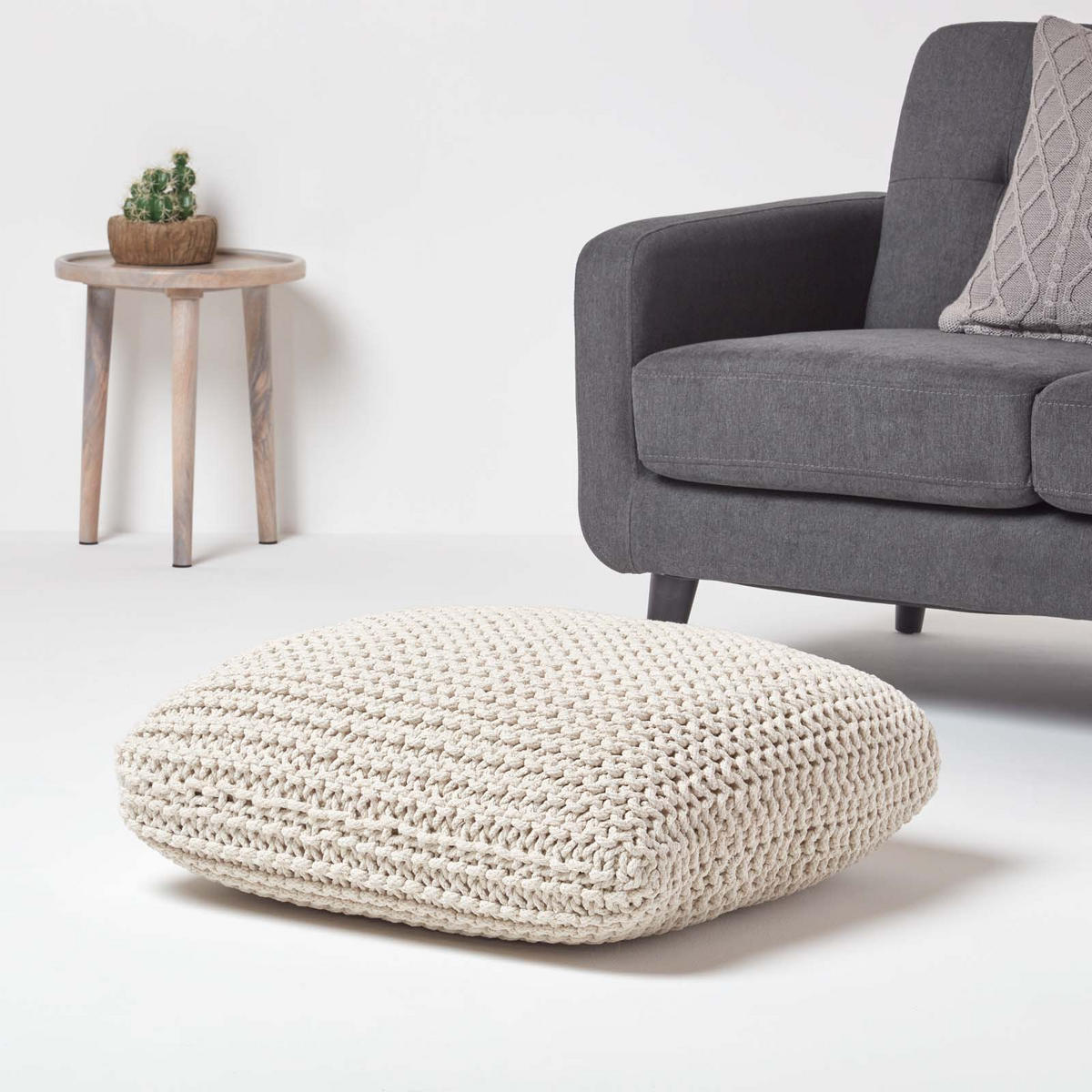 STRICK-POUF natur, Bodenkissen 70/70/20 cm - Creme, Textil (70/20/70cm) - Homescapes