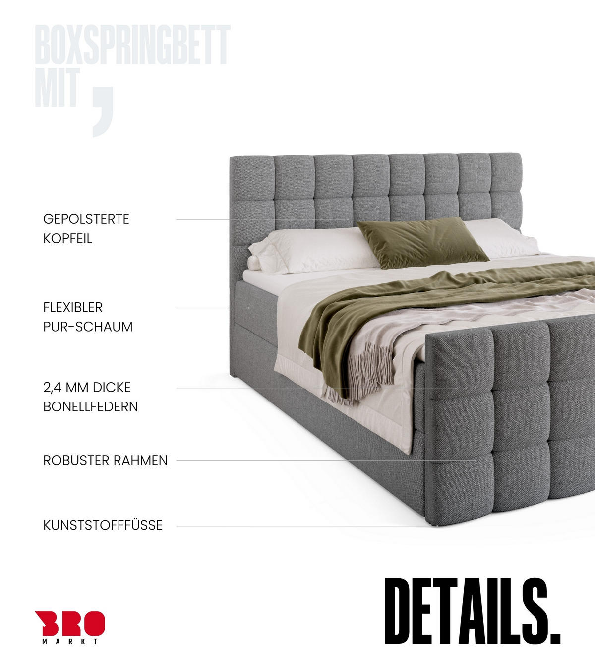 BOXBETT Dakota Duo mit Topper 160/200 Grau - Grau, Holz/Textil (160/200cm) - Bromarkt