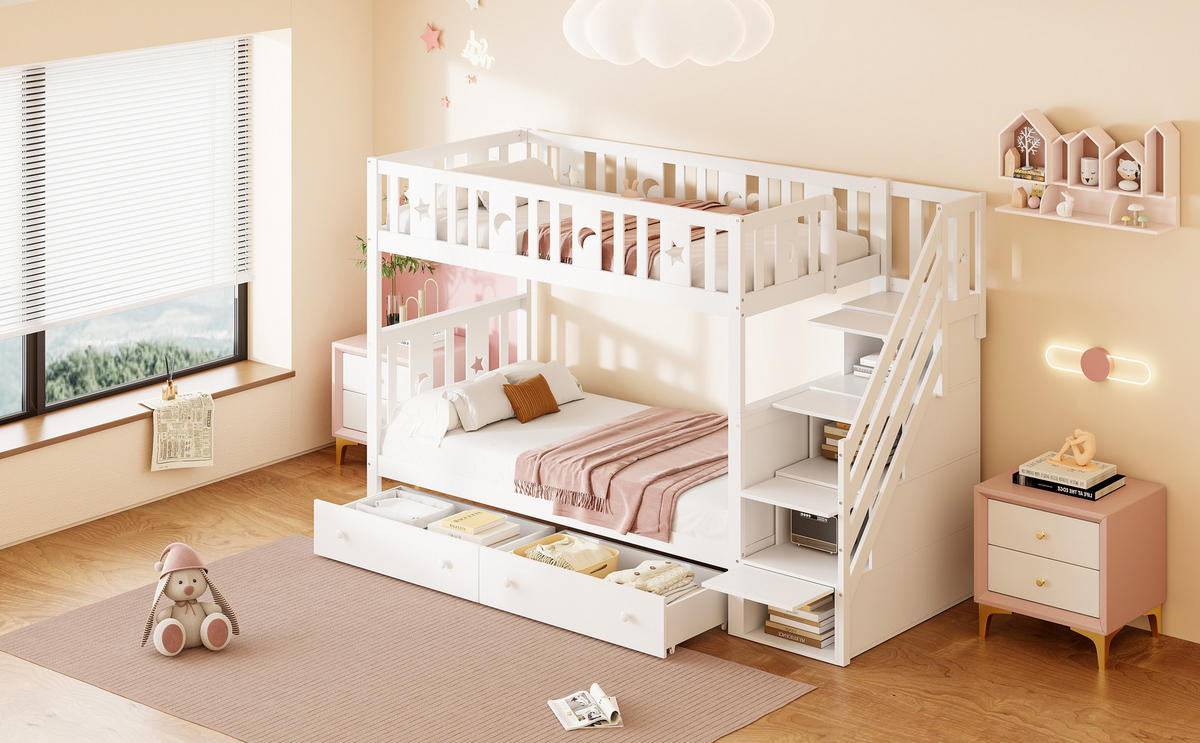 KINDERBETT Weiß Liegefläche 90/200 cm, Etagenbett, Sicherheitstreppe, Stauraum, Ohne Matratze - Weiß, Holz (90/200cm) - PANGIVO