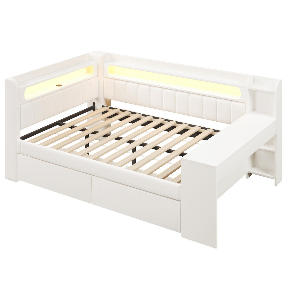 ČALOUNĚNÁ postel z MDF a překližky 140x200 cm bílá s LED osvětlením, USB portem, psacím stolem a 2 zásuvkami - bílá, kompozitní dřevo (140/200cm) - Modfu