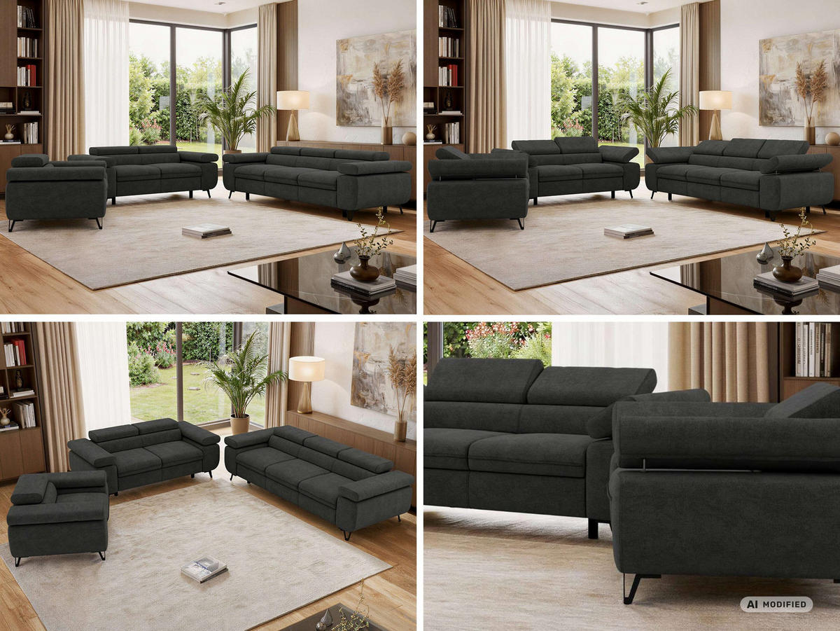 SEDACÍ SOUPRAVA PETER 1+2+3 - Tmavě šedá Strukturovaná látka - černá/tmavě šedá, kov/textil (262/76/99cm) - MKS