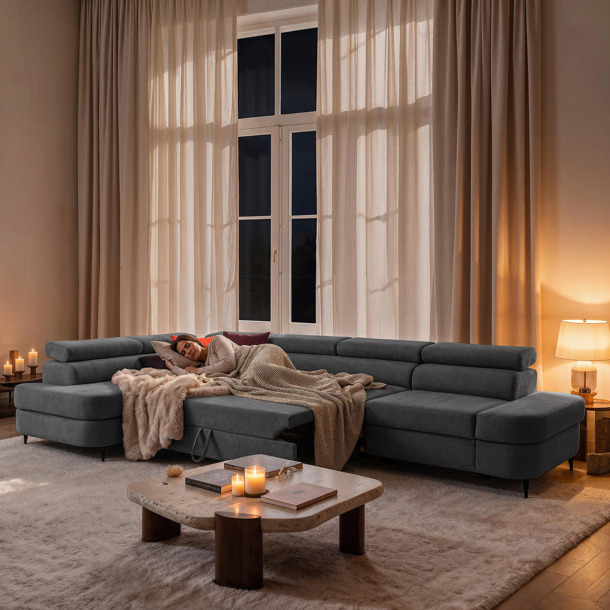 ECKSOFA PRIAM MAXI L-Form Links mit Schlaffunktion 125x195 Velours Grau - Schwarz/Grau, Holz/Textil (203/350cm) - Muffo