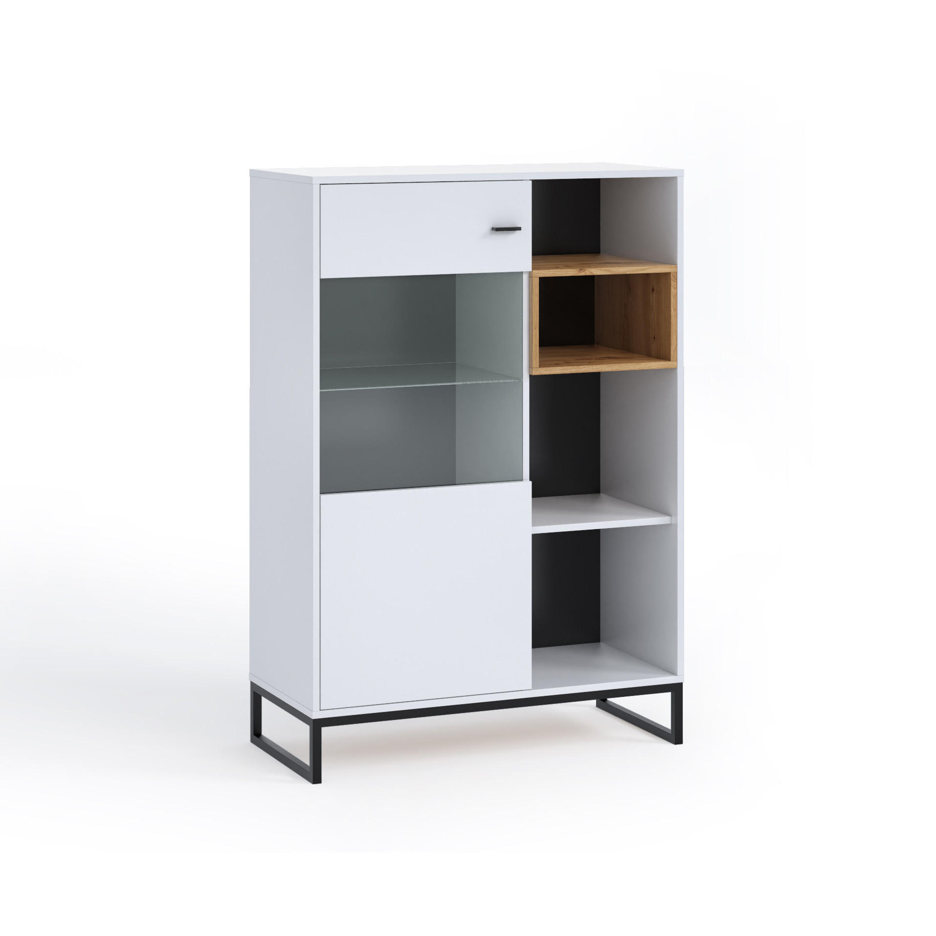 VITRINE OMAN mit 1 Tür, Weiß+eiche Artisan - Schwarz/Weiß, Holzwerkstoff/Metall (90/130/40cm) - Beautysofa