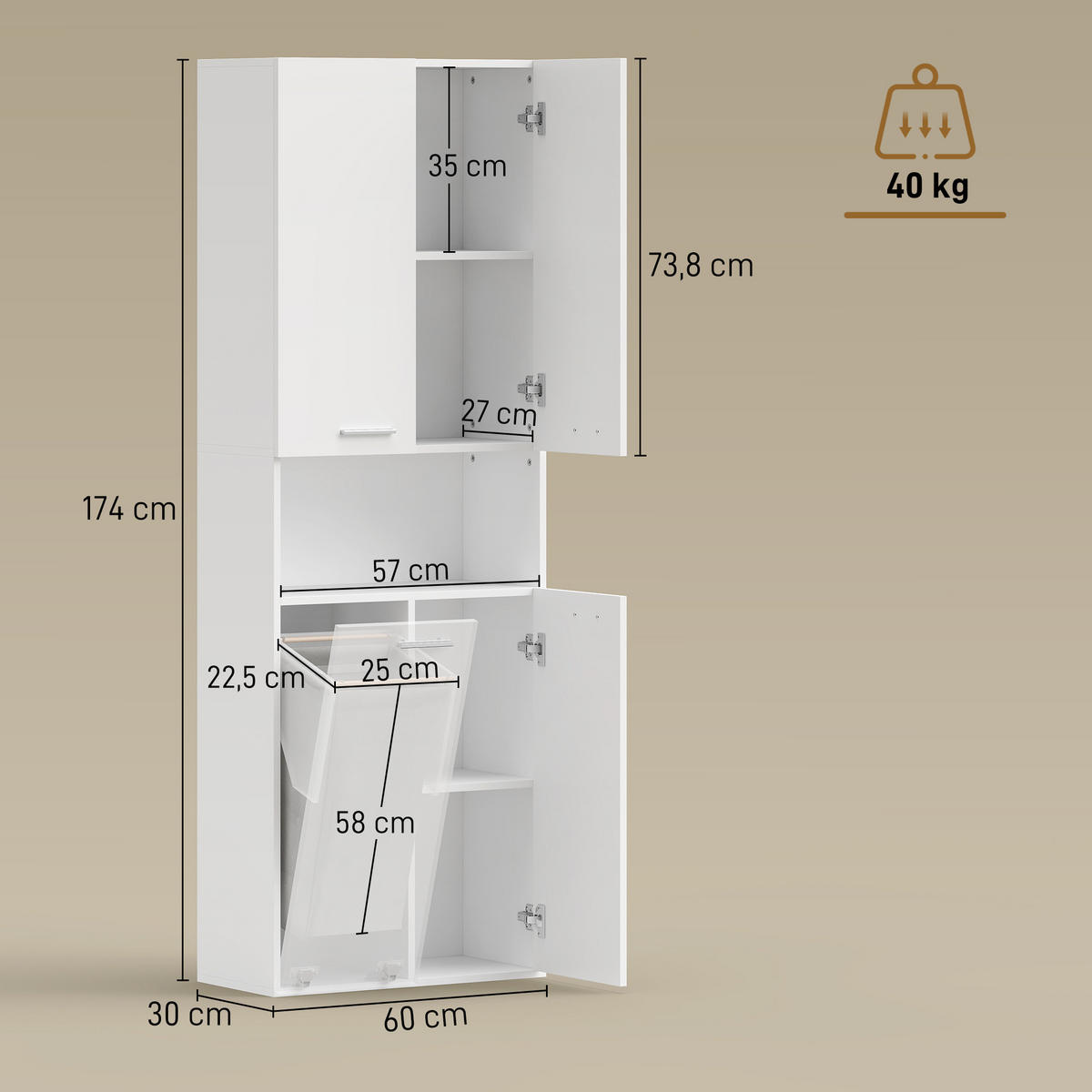 BADEZIMMERSCHRANK aus MDF 60/30/174 cm Weiß - Weiß, Holzwerkstoff/Metall (30/174/60cm) - HOMCOM