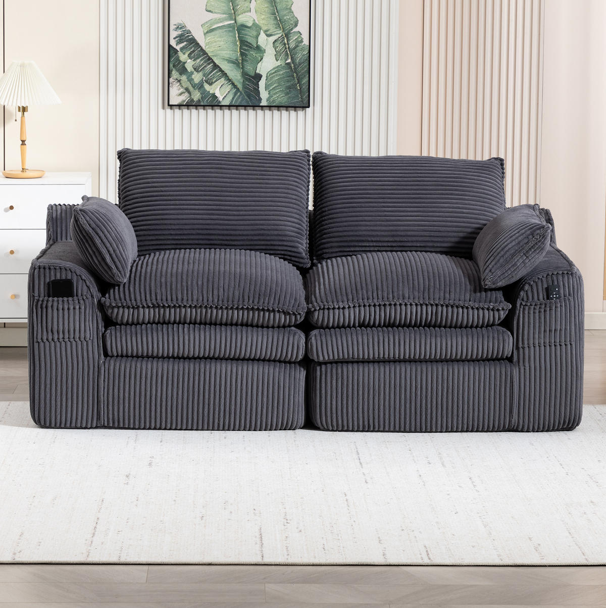 SOFA 2-Sitzer mit Seitentaschen 191 x 94 x 85 cm Cord Dark Gray - Dunkelgrau, Kunststoff (94/85/191cm) - Meubliv