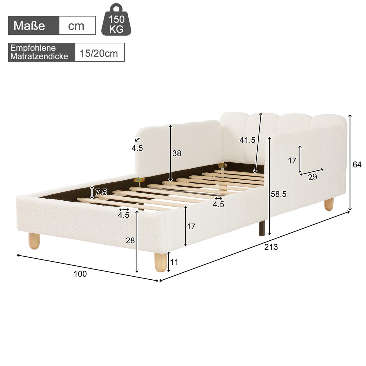 KINDERBETT Bouclé 90x200 cm Beige mit Lattenrost, gepolstertem Kopfteil, flexiblen Seitenlehnen und Taschen - Beige, Textil (90/200cm) - Modfu