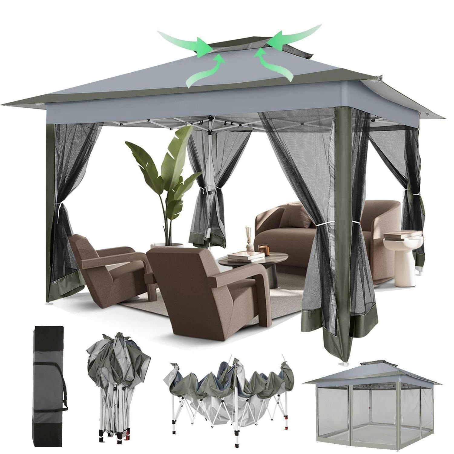 PAVILLON 3 x 3 m Dunkelgrau Wasserdicht mit Moskitonetz - Grau, Textil (365/270/365cm)