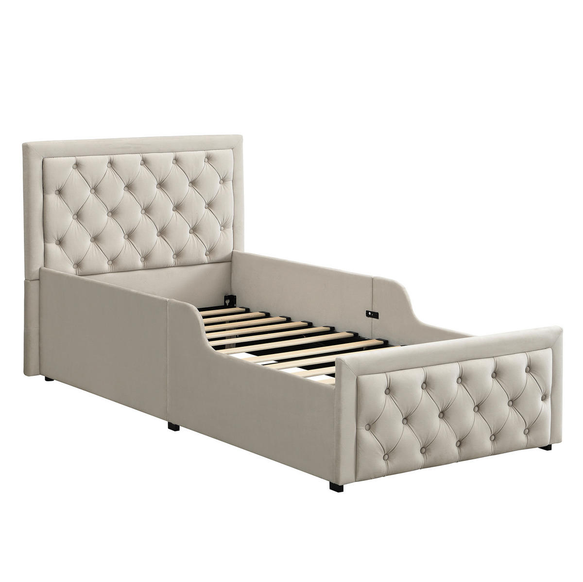 KINDERBETT 90/200 cm aus Samt mit hydraulischem Stauraum Beige - Beige, Holzwerkstoff (90/200cm) - Modenvie