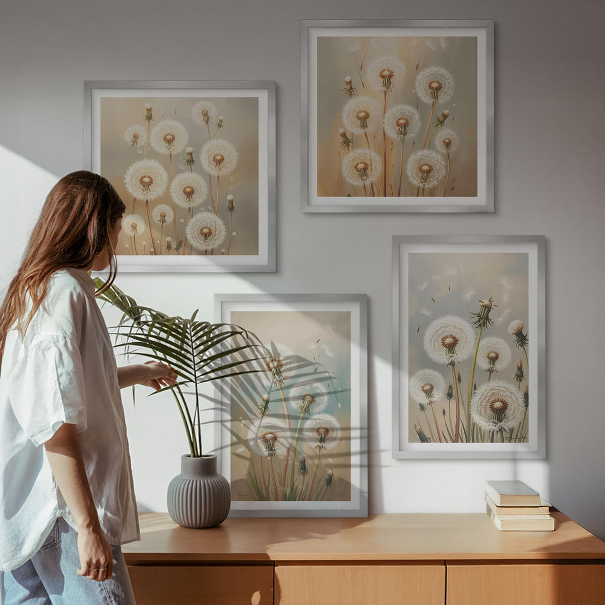 WANDBILDER 4er Set - 50x50 cm & 40x60 cm Silberner Rahmen - Pastellfarbene Löwenzahnblüten - Silberfarben, Kunststoff (50/50cm) - ArtPrintCave