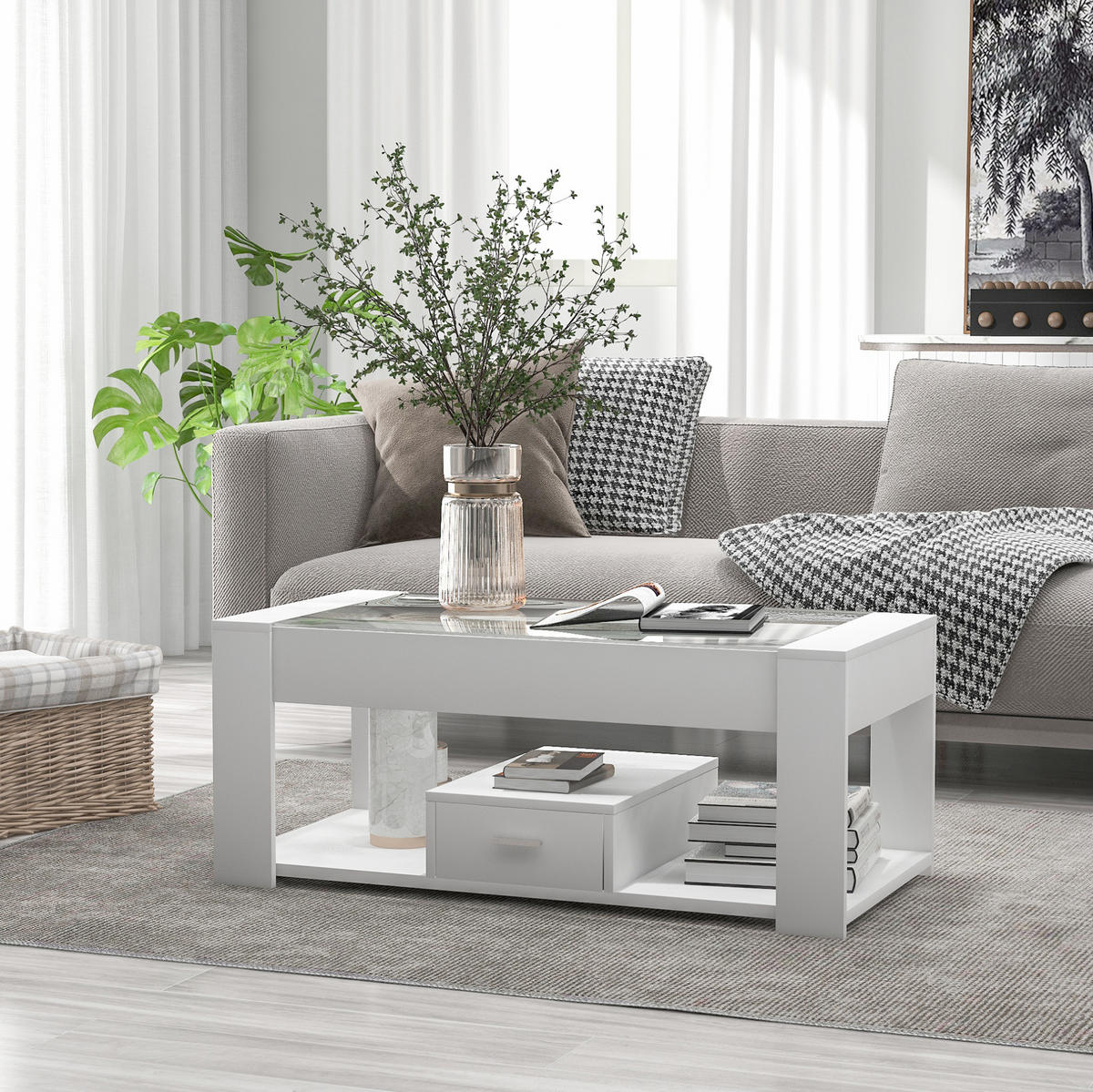 KONFERENČNÍ stolek 100/50/40 cm bílý z dřevotřísky se skleněnou deskou a úložným prostorem - bílá, kompozitní dřevo (100/50/40cm) - OKWISH