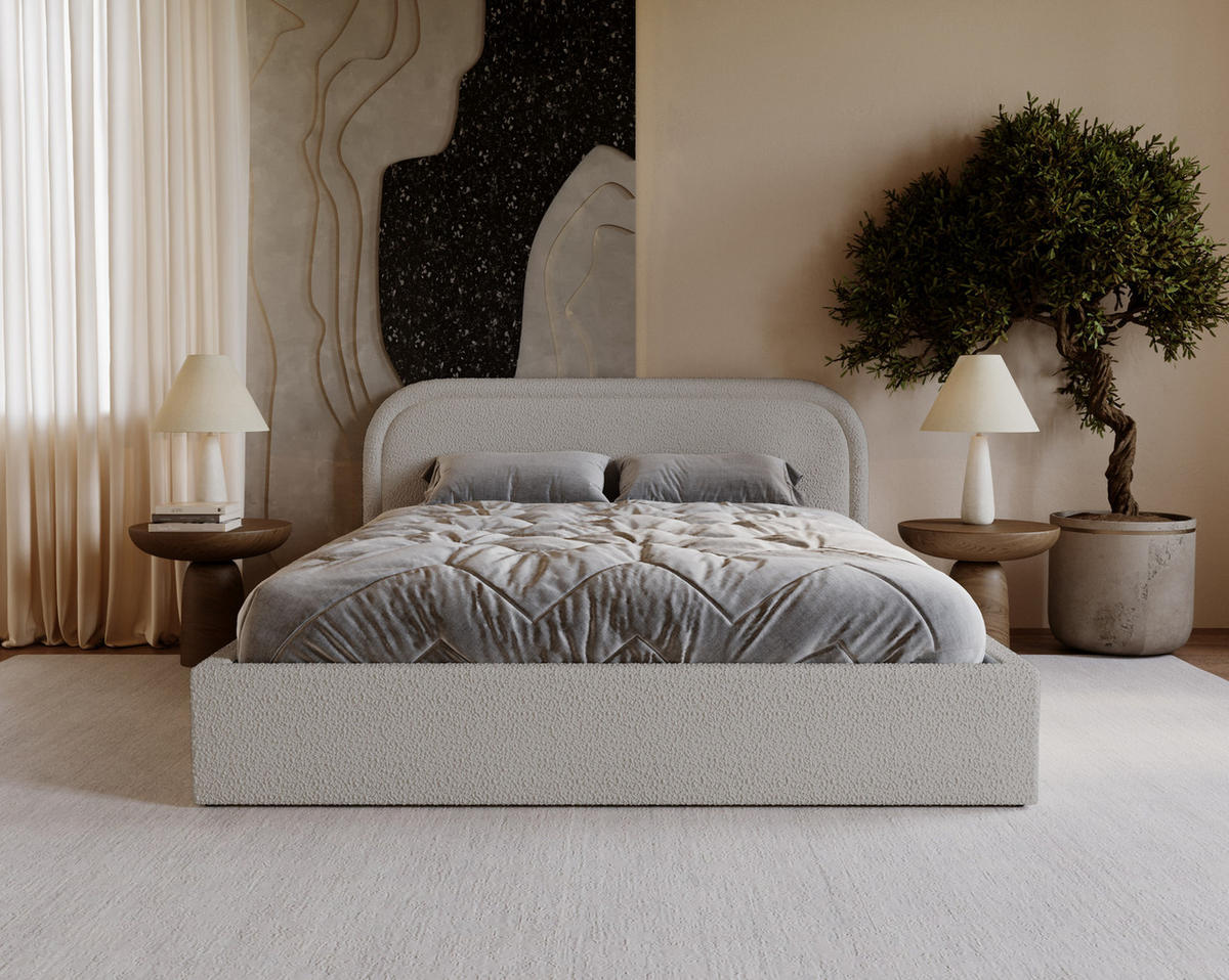 DOPPELBETT 180x200 Dune mit Bettkasten, runde Kopfteil, Bouclé, Hellgrau - Hellgrau, Holz/Textil (180/200cm) - Emporius