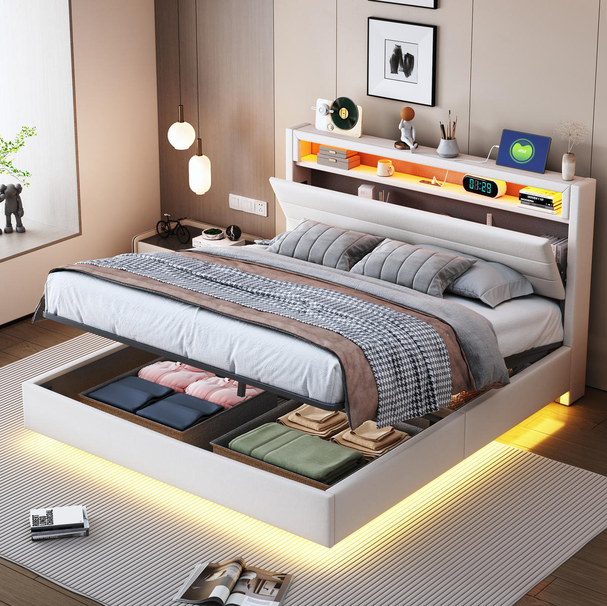 POLSTERBETT mit Stauraum, USB und LED 140x200 cm Leinen Beige - Beige, Metall (140/200cm) - Meubliv