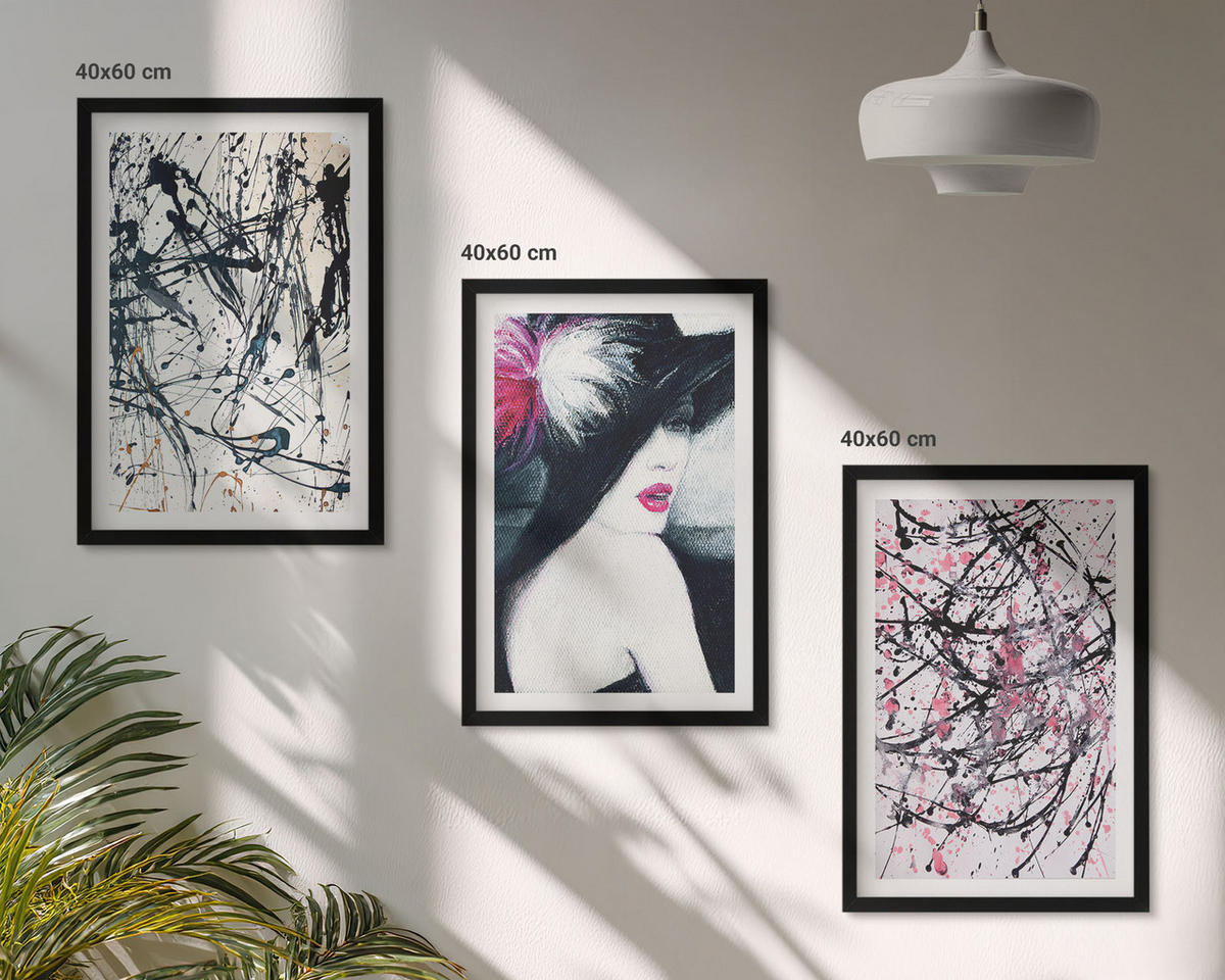 WANDBILDER 3er-Set - 40x60 cm Schwarzer Rahmen - Abstrakte Farbmuster Hut - Schwarz, Kunststoff (40/60cm) - ArtPrintCave