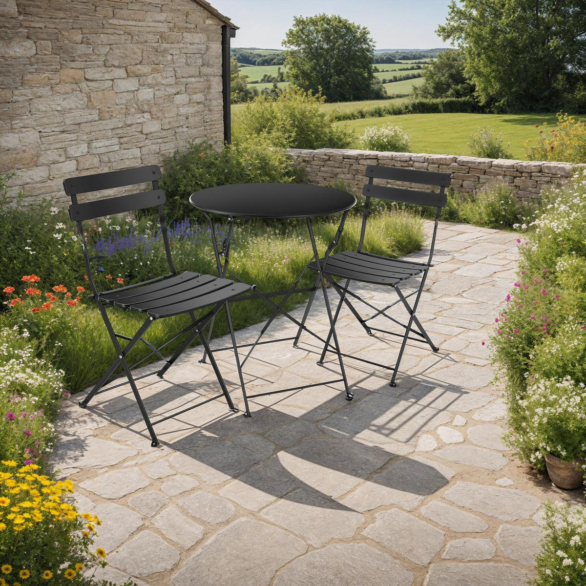 BISTROTISCH SET Frieda,Belastbarkeit Stuhl 120 kg,schwarz - Schwarz, Naturmaterialien/Textil - tectake