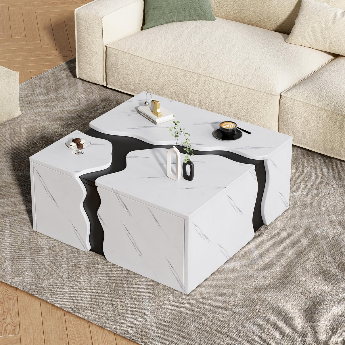 COUCHTISCH 70/70/31 cm weiß aus Spanplatte mit Schublade in Marmoroptik - Weiß, Holzwerkstoff (70/70/31cm) - OKMYHOME