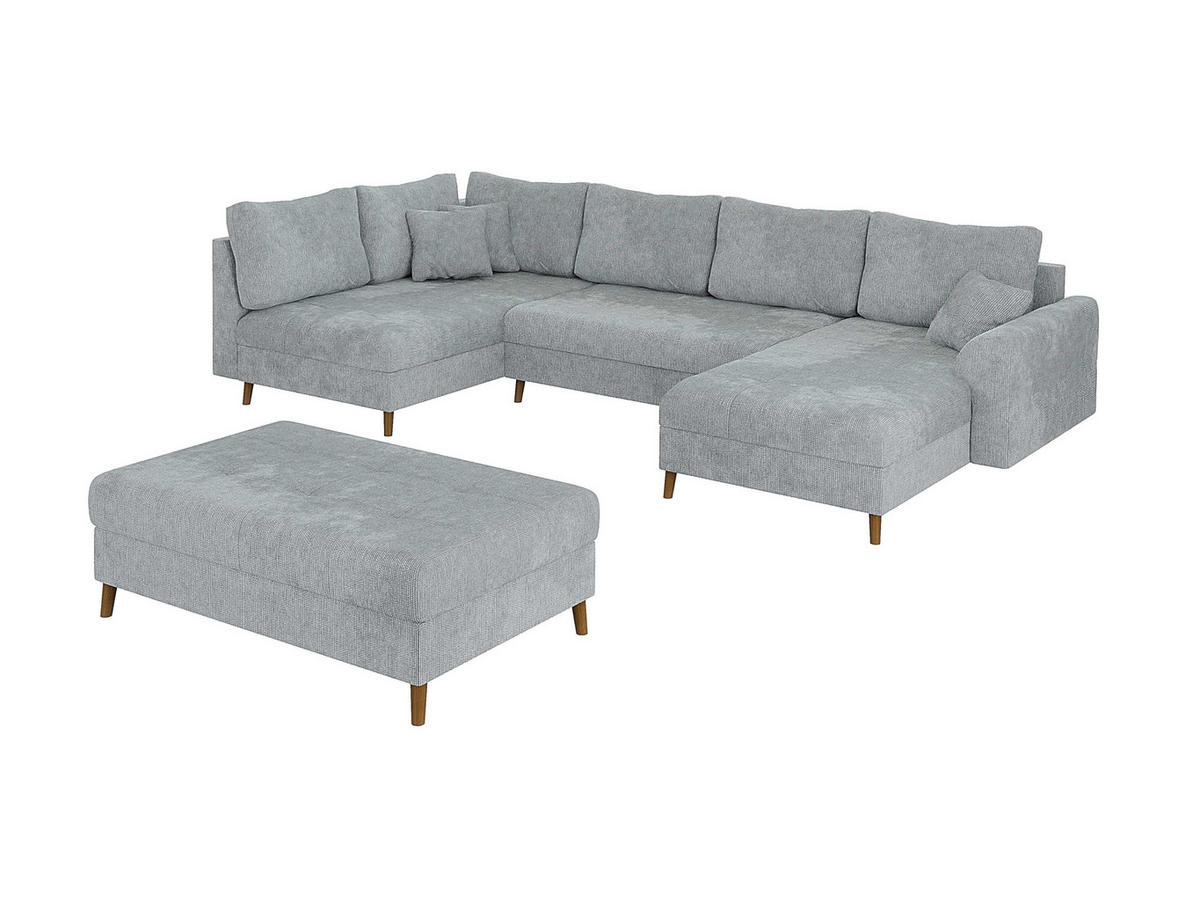 WOHNLANDSCHAFT inkl. Hocker Sigurd Hellgrau Chenille - Hellgrau/Braun, Holz/Textil (310/81/161cm) - S-Style Möbel