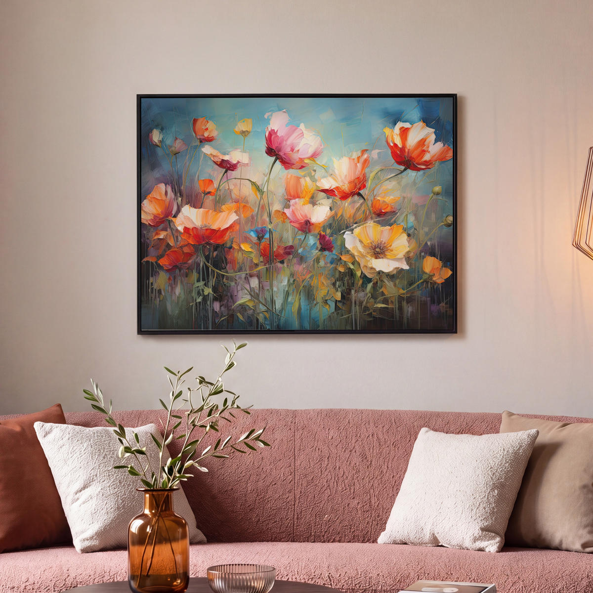 LEINWAND Bilder mit Rahmen - Blumen - Aquarell - Kunst - Botanisch - Natur - 80x60 - Orange, Textil (80/60cm) - MuchoWow