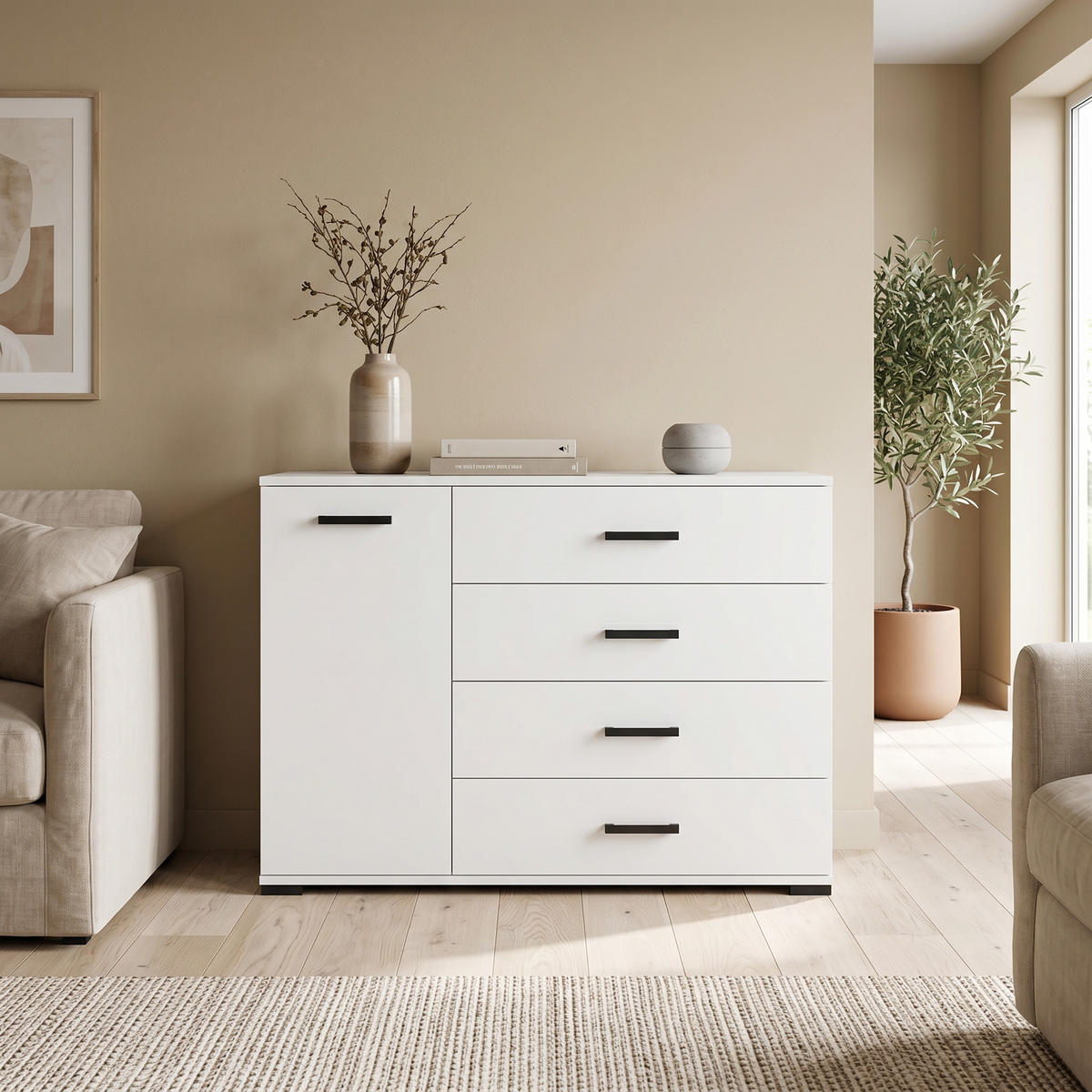 KOMMODE ALBANO 120/83/40cm mit 4 Schubladen 1 Türen Weiß - Weiß, Holzwerkstoff (120/83/40cm) - MASSENO