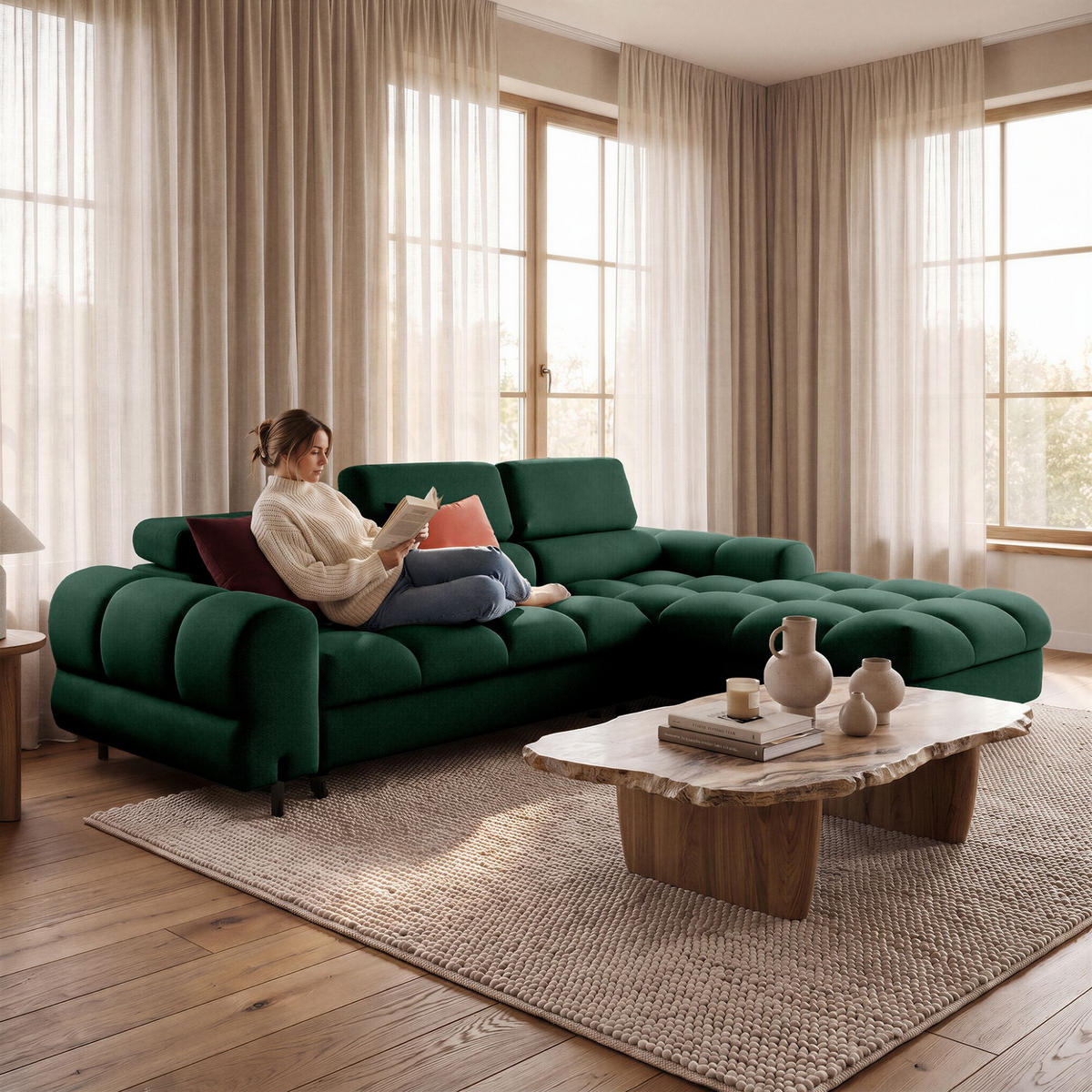 ECKSOFA UFFO L Rechts mit Schlaffunktion 260x195 Velours Dunkelgrün - Dunkelgrün/Schwarz, Holz/Textil (195/260cm) - Muffo