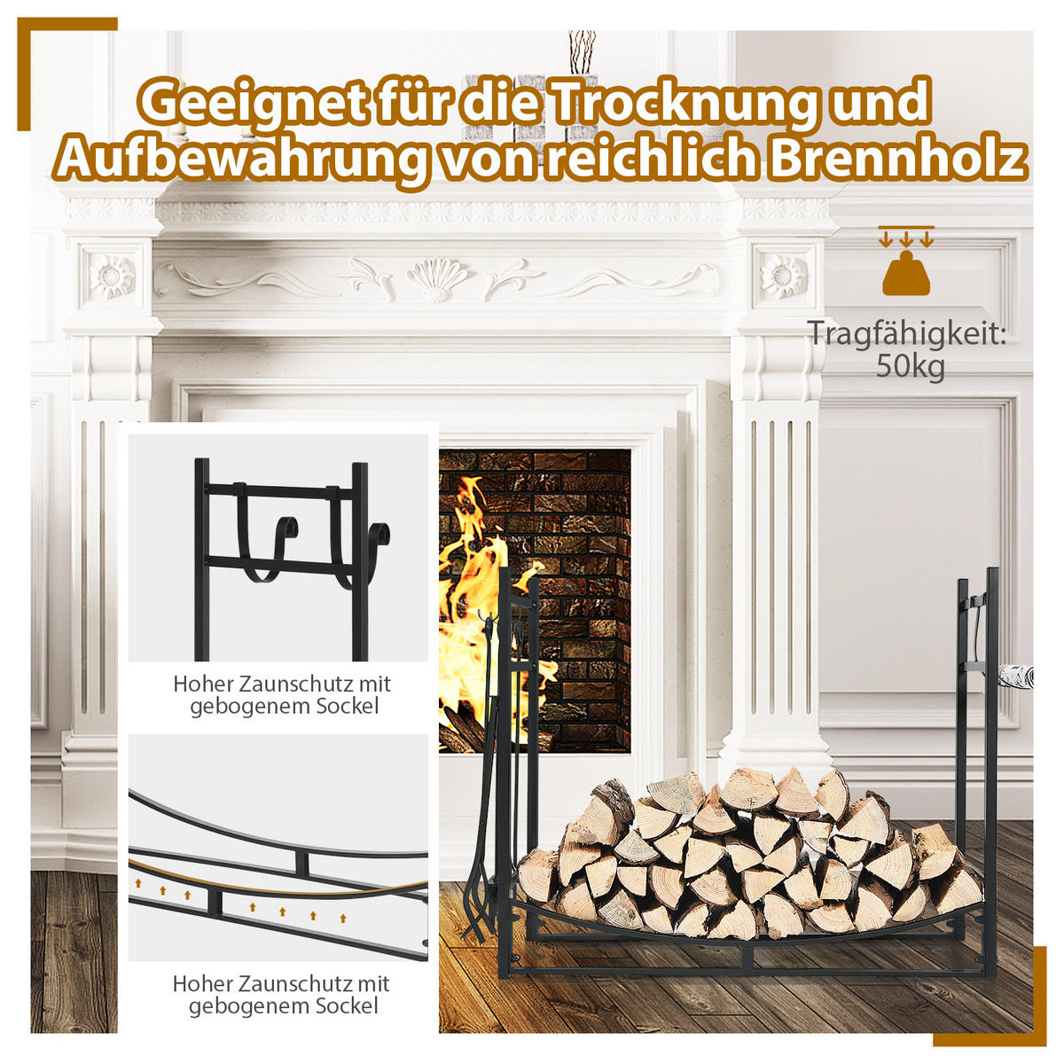 KAMINHOLZREGAL Schwarz - Schwarz, Metall (33/76/90cm) - COSTWAY