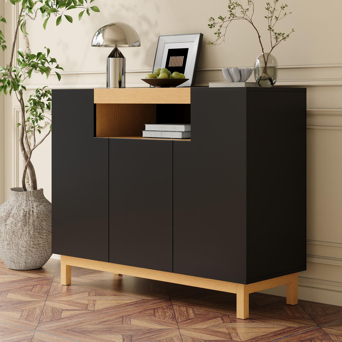 SIDEBOARD 120.5/42/96 cm Schwarz aus Spanplatte mit 3 Türen - Schwarz, Holzwerkstoff (42/96/120.5cm) - OKMYHOME