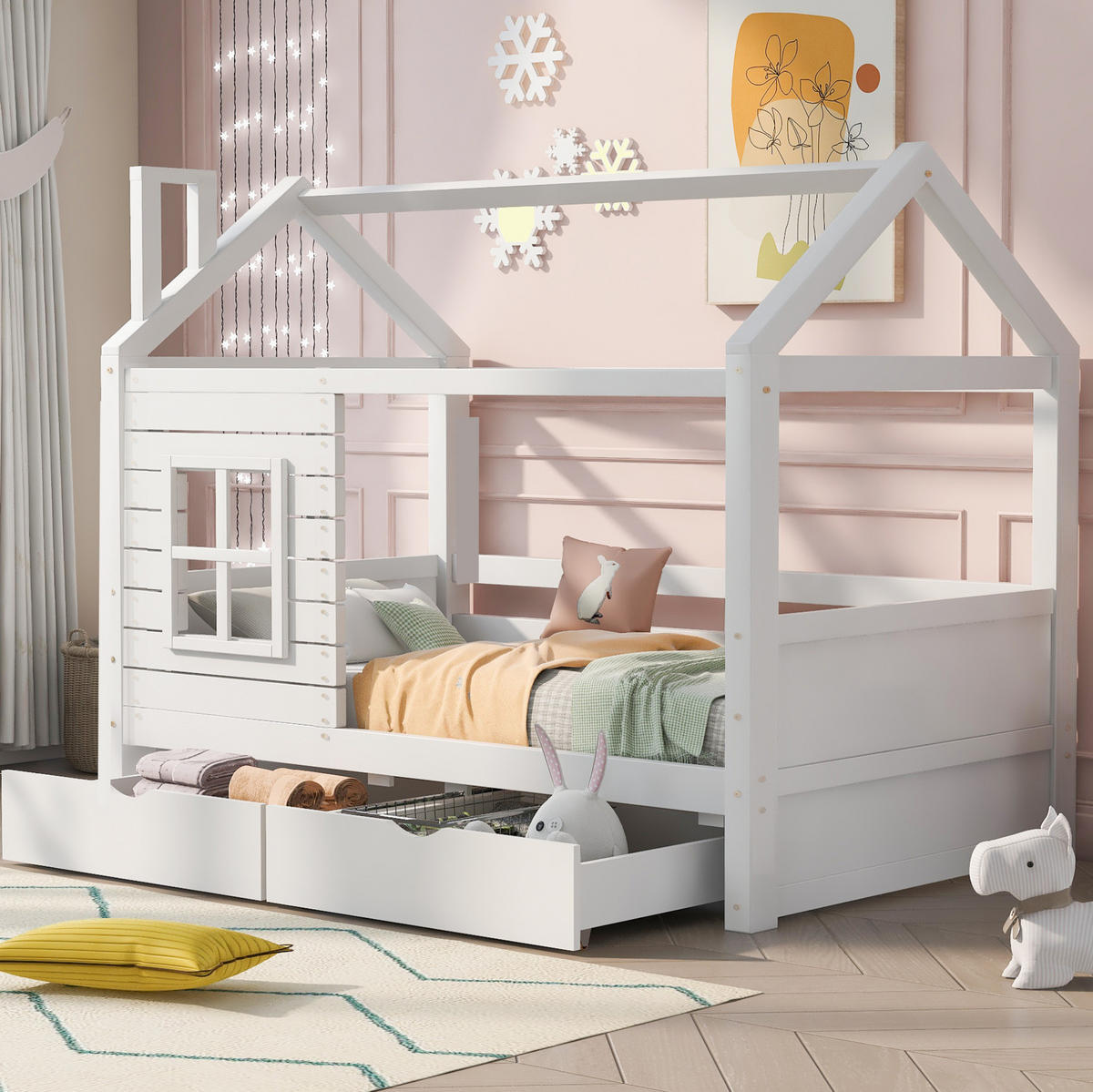 HAUSBETT 90/200 cm Weiß aus massiver Kiefer mit Lattenrost und Stauraum - Weiß, Holz (90/200cm) - OKMYHOME