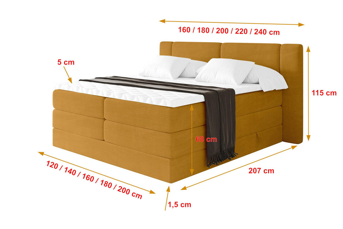 BOXSPRINGBETT mit Matratze H3/H4 - EVON KING - 140x200 cm Senfgelb - Dunkelgelb, Holzwerkstoff (140/200cm) - ALTDECOR