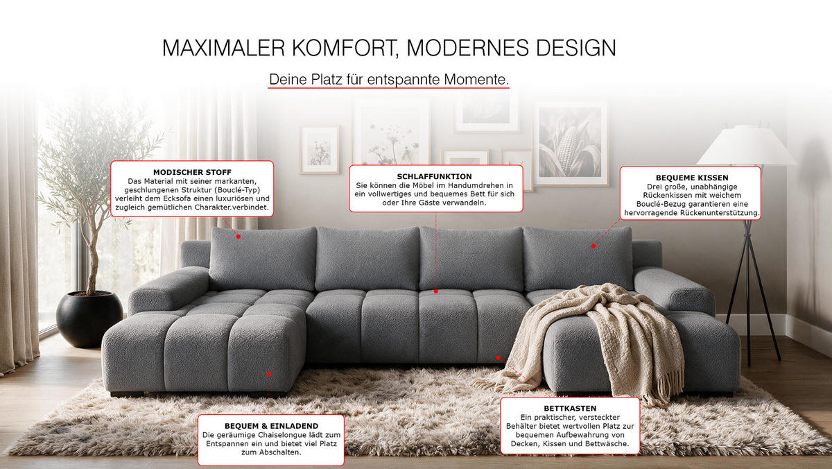 WOHNLANDSCHAFT OVIA U mit Bettkasten und Schlaffunktion, Bouclé-Stoff in U-Form - Dunkelgrau, Textil (350/80/185cm)
