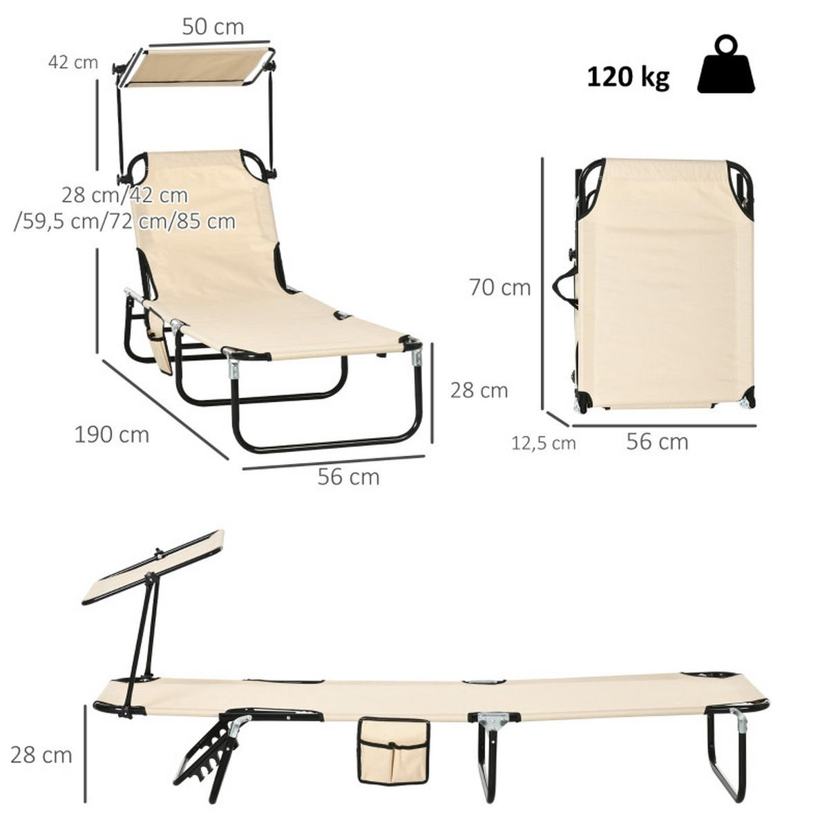 2ER Set Sonnenliege aus Metall 190x56x28 cm in Braun mit Sonnendach - Braun, Metall (56/28/190cm) - Modfu