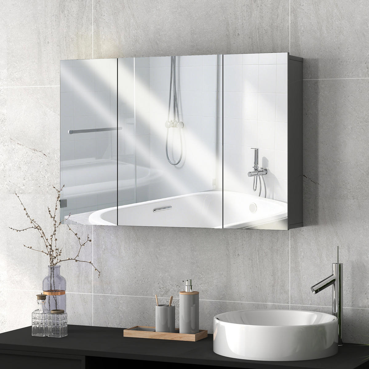 SPIEGELSCHRANK mit 3 Spiegeltüren und verstellbaren Einlegeböden , 90 x 15 x 60 cm - Grau, Glas (90/60/15cm) - Vallsero