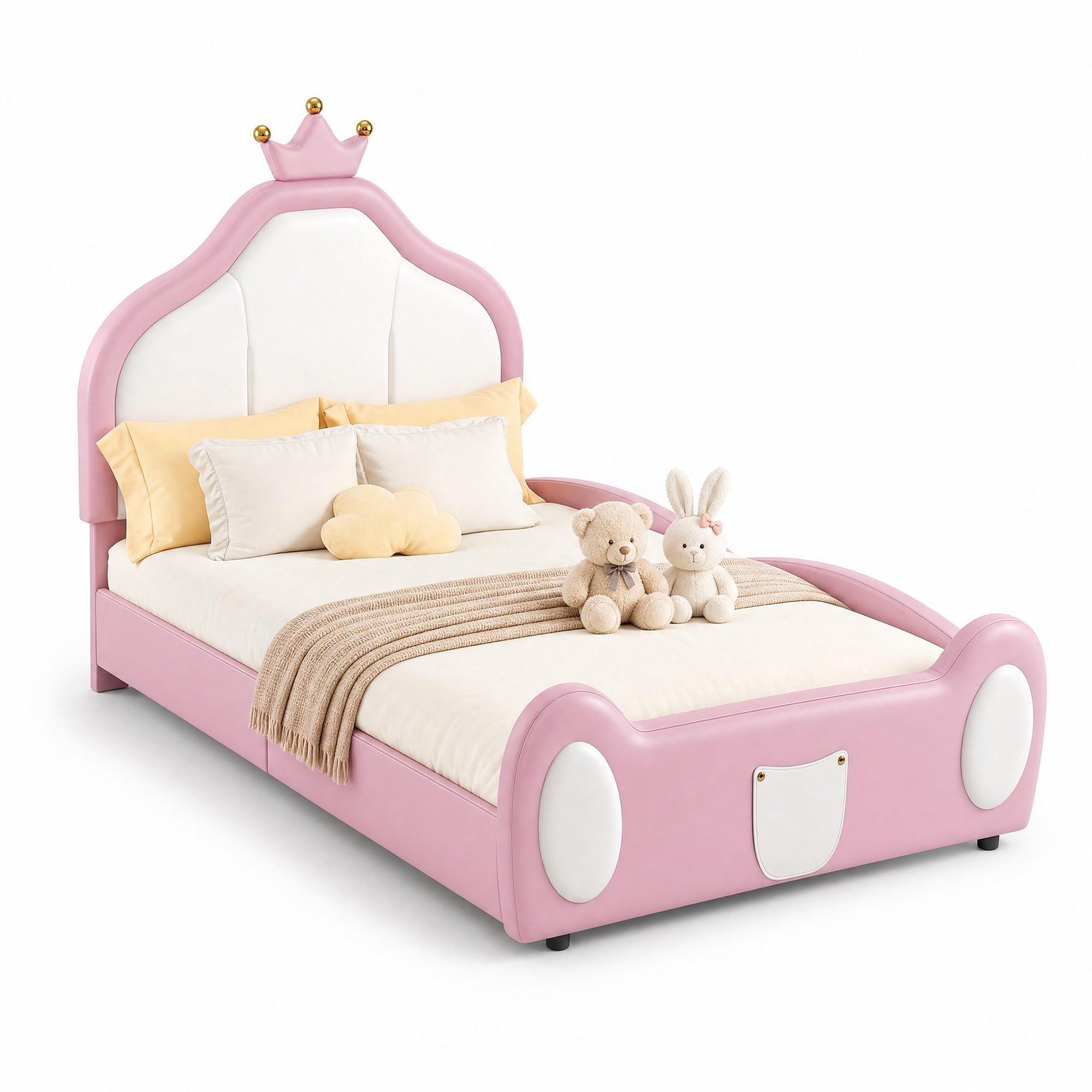 KINDERBETT mit Kronen-Kopfteil 90x200 cm Kunstleder Weiß/Rosa - Pink, Holz (90/200cm) - Meubliv