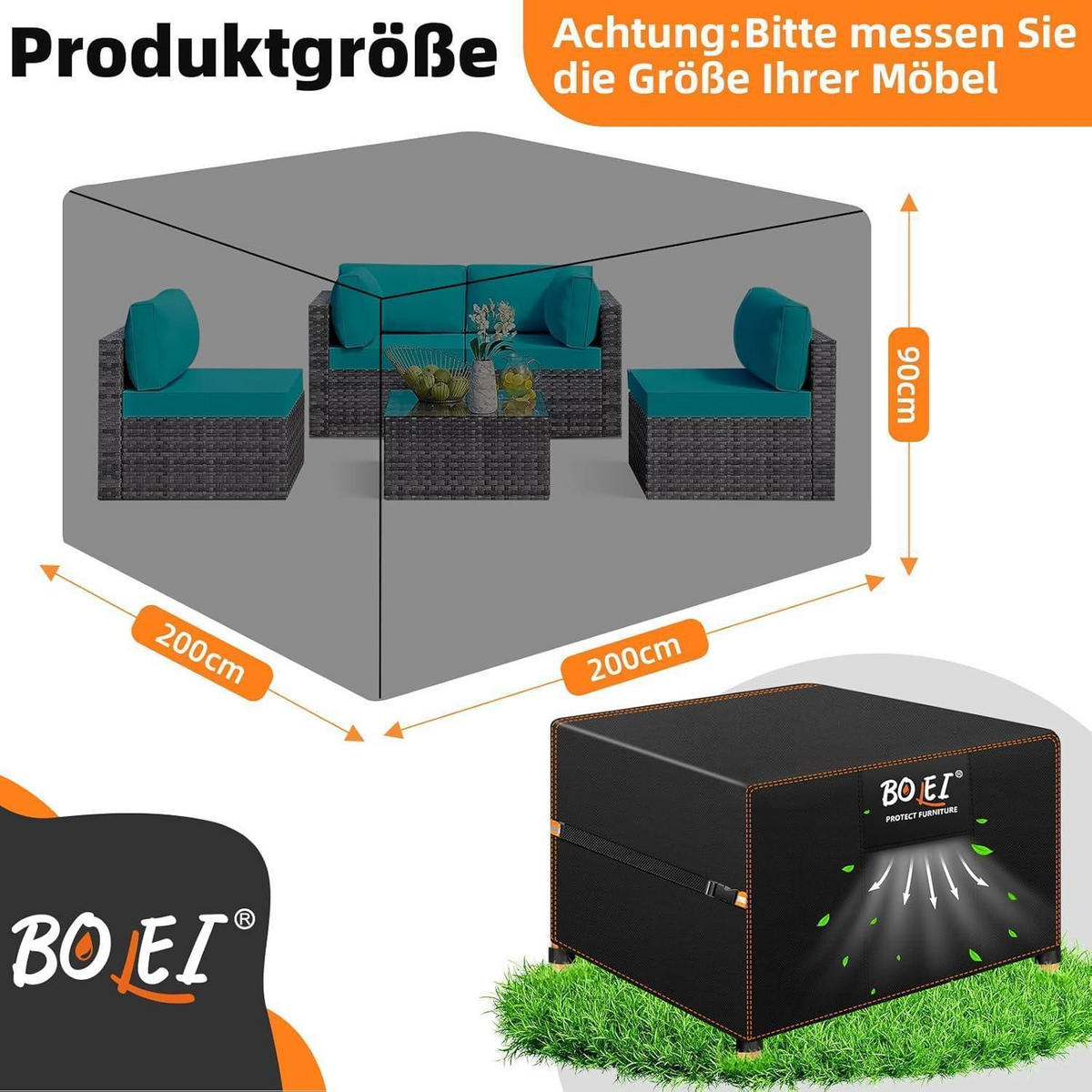 ABDECKHAUBE Gartenmöbel 200 x 200 x 90 cm 420D Oxford Stoff Wasserdicht mit Belüftung - Schwarz, Textil (200/90/200cm)